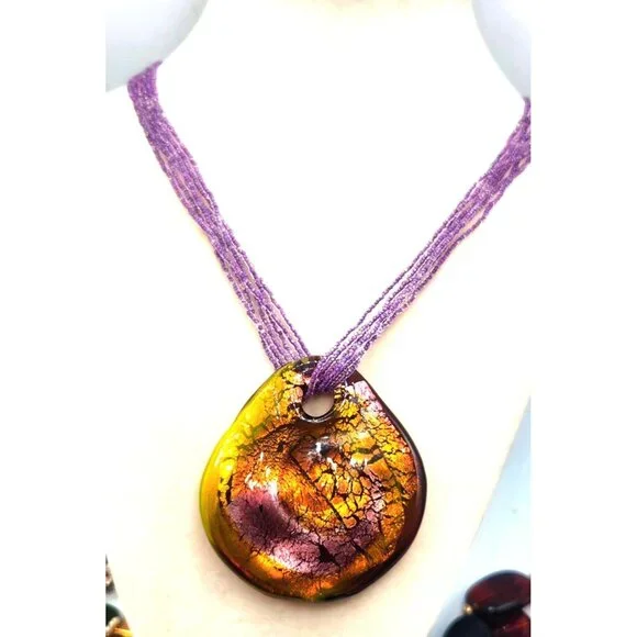 Dichroic Glass Pendant On Multi Strand Seed Amythest Necklace, Purple/Yelllow - Picture 3 of 5